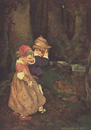 Imagine cu Hansel si Gretel pierduți în pădure
