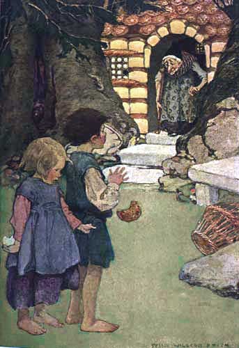 Imagine cu Hansel și Gretel prinși de vrăjitoare